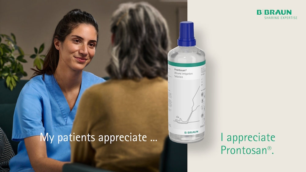 A female nurse is sitting in front of a female patient, smiling.​ A Prontosan Wound Irrigation bottle is visible in the foreground, accompanied by the text: My patients appreciate it – and so do I. Prontosan.
