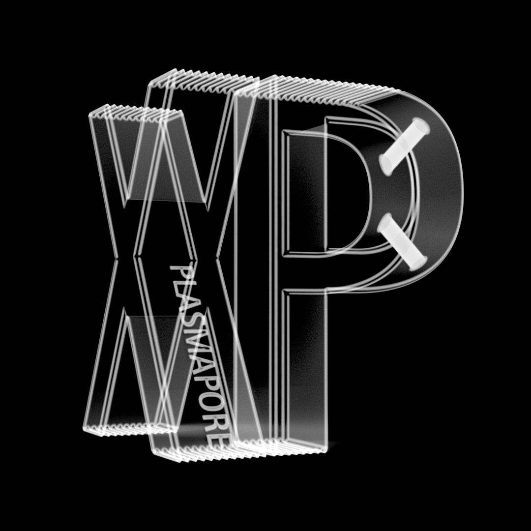3D model of the letters x and p with plasmapore xp coating, shown as transparent with only the edges visible, illustrating a radiolucent core that enhances imaging clarity and implant contour visibility in CT and MRI scans