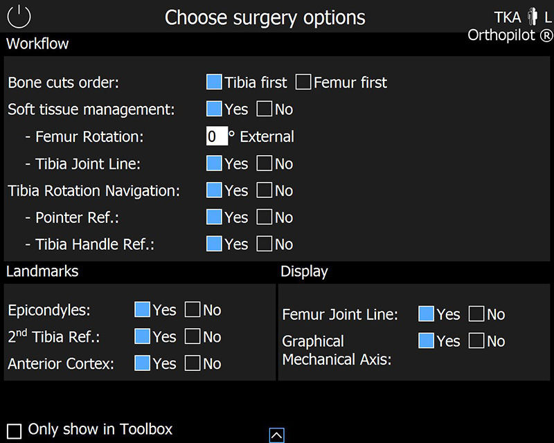Screenshot of the OrthoPilot® TKA software – Choose surgery options