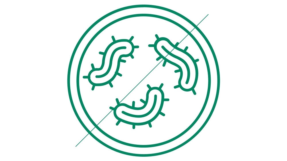 Icon depicting bacteria being targeted and eliminated, shown as stylized microorganisms crossed out by a diagonal line to represent the action of antibiotics. 