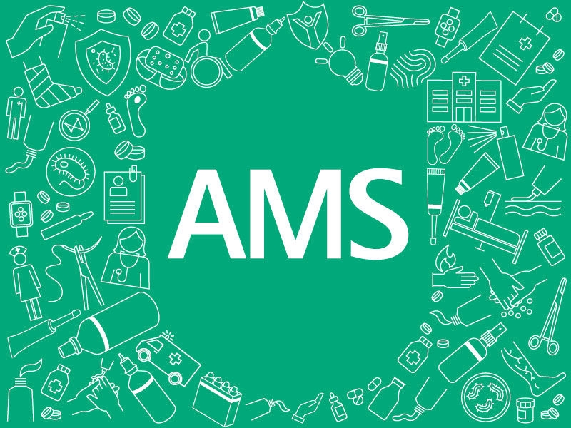 Green graphic with the letters “AMS” centered, surrounded by white line icons representing medicines, medical devices, healthcare symbols, and hospital-related items arranged around the edges.