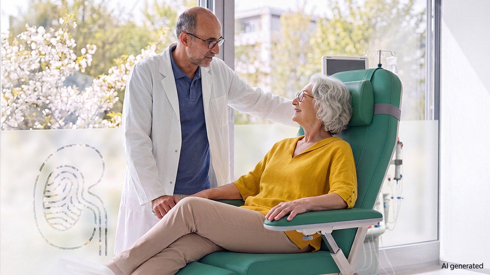 Healthcare professional standing beside a person seated in a treatment chair during a consultation in a bright clinical setting.