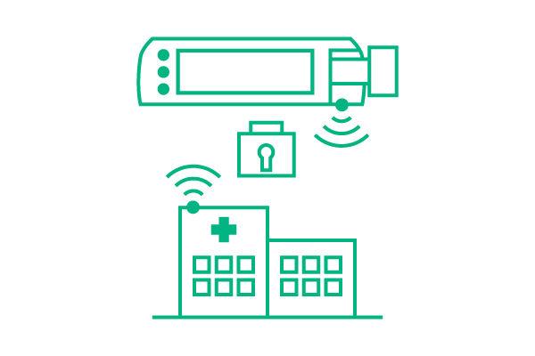 A hospital building with a connection sign directed to the security system, which is pictured at the top
