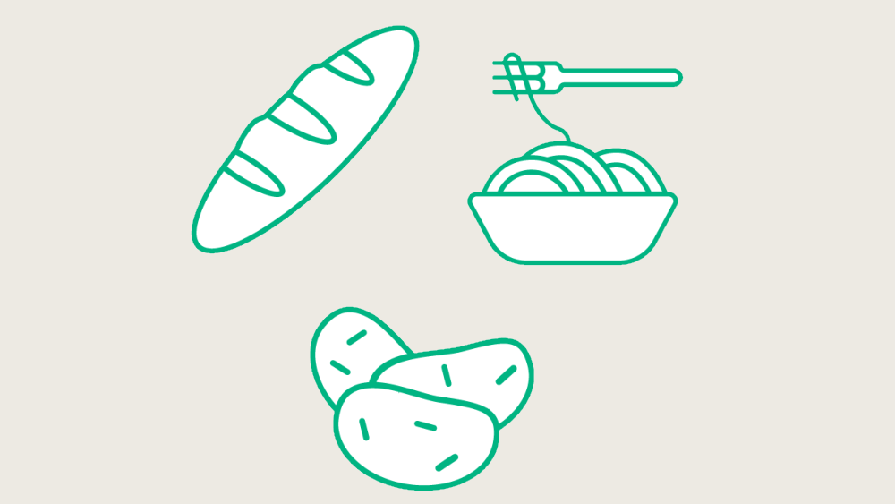 bread, potatoes and pasta with fork  green illustration