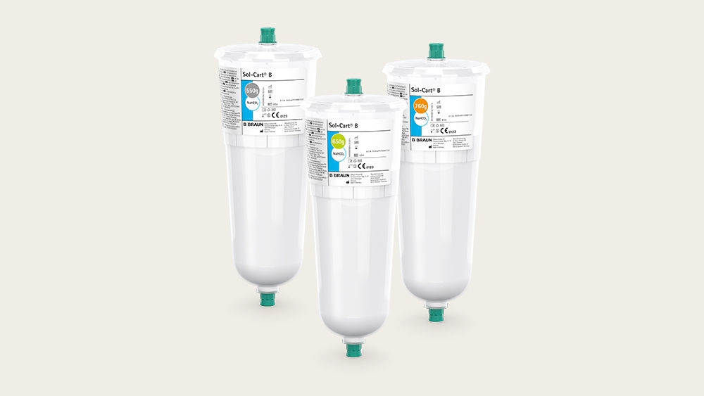 Three bicarbonate cartridges with different fill volumes.