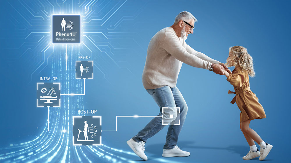 Elderly man dancing with a child. Different icons of phases of an operation are visible in the background