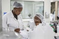 Laboratory assistants at the B. Braun test laboratory in Longlake, Johannesburg, exchange information about the results of the product tests.