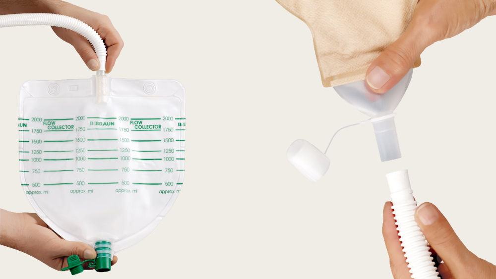 flow collector connected to a high-flow stoma bag