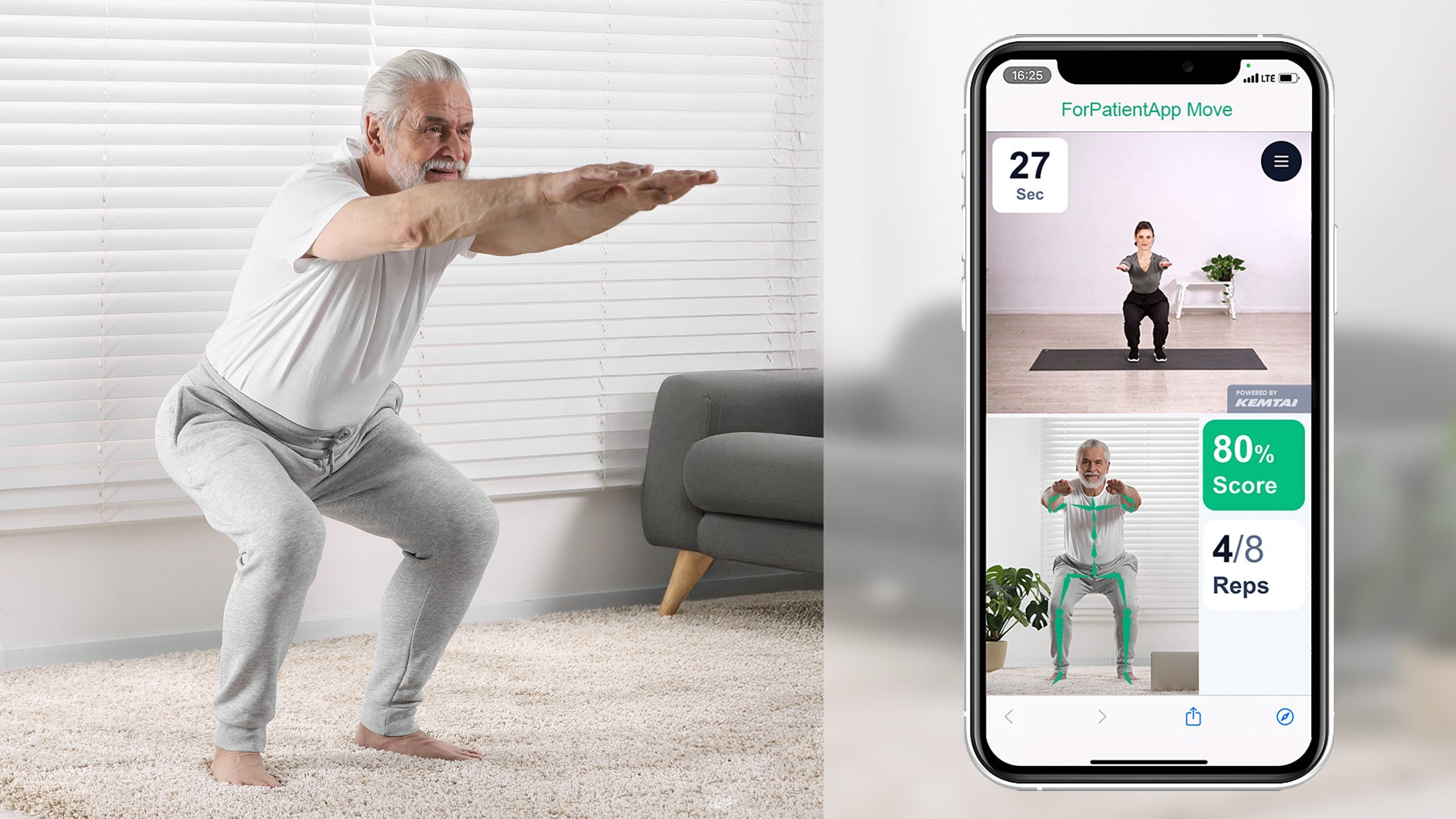 A person performs a squat exercise next to a smartphone displaying the ForPatientApp Move interface with a timer, exercise video, and progress indicators.