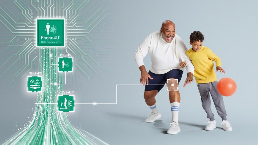 The image consists of two parts: on the right, a father and his son share a joyful moment playing together; on the left, an illustration of the Pheno4U solution, displaying the pre-op, intra-op, and post-op stages, connected by a flowing green data stream that symbolizes the continuous exchange of medical data throughout the patient journey.