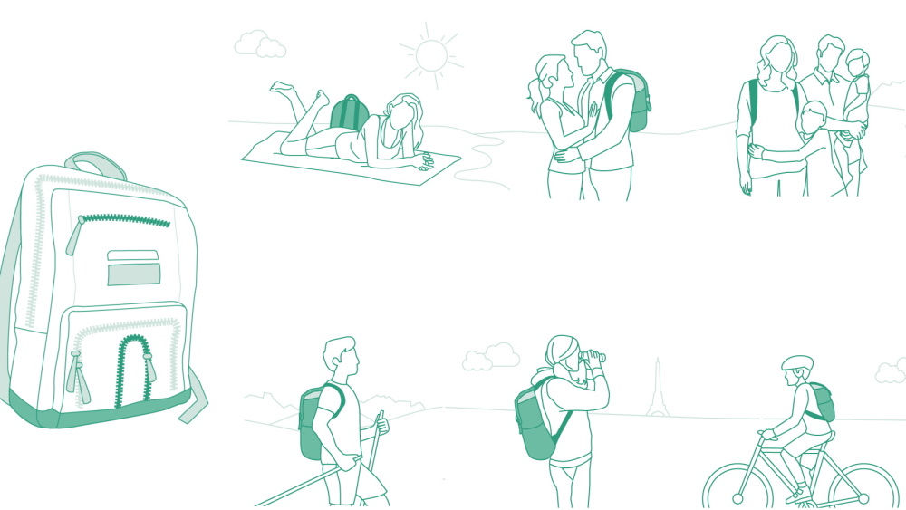 green illustrations backpackers in different situations
