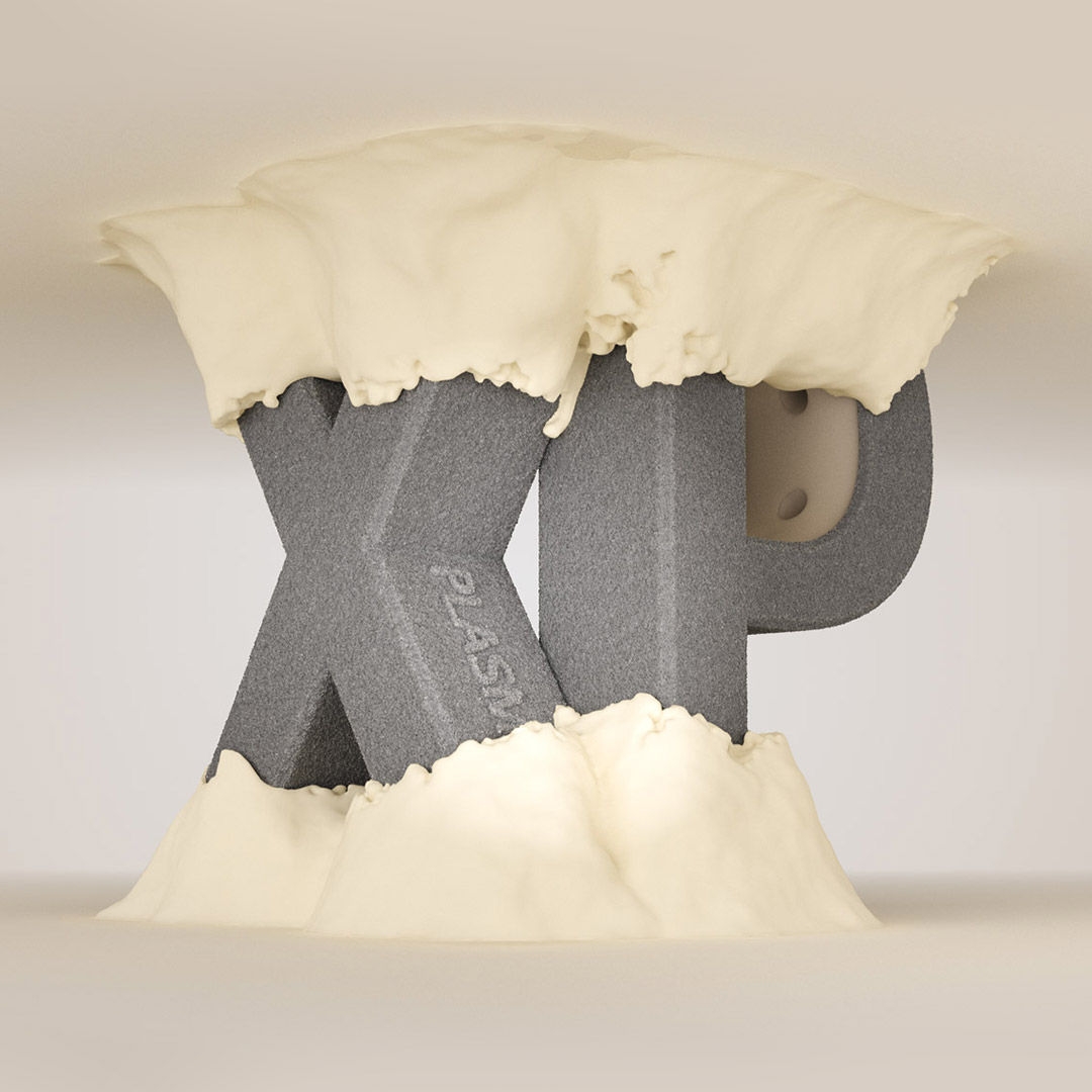 3D model of the letters x and p with  plasmapore xp coating, are shown fused to bone tissue, symbolizing an implant designed for enhanced osseointegration for secondary stability.
