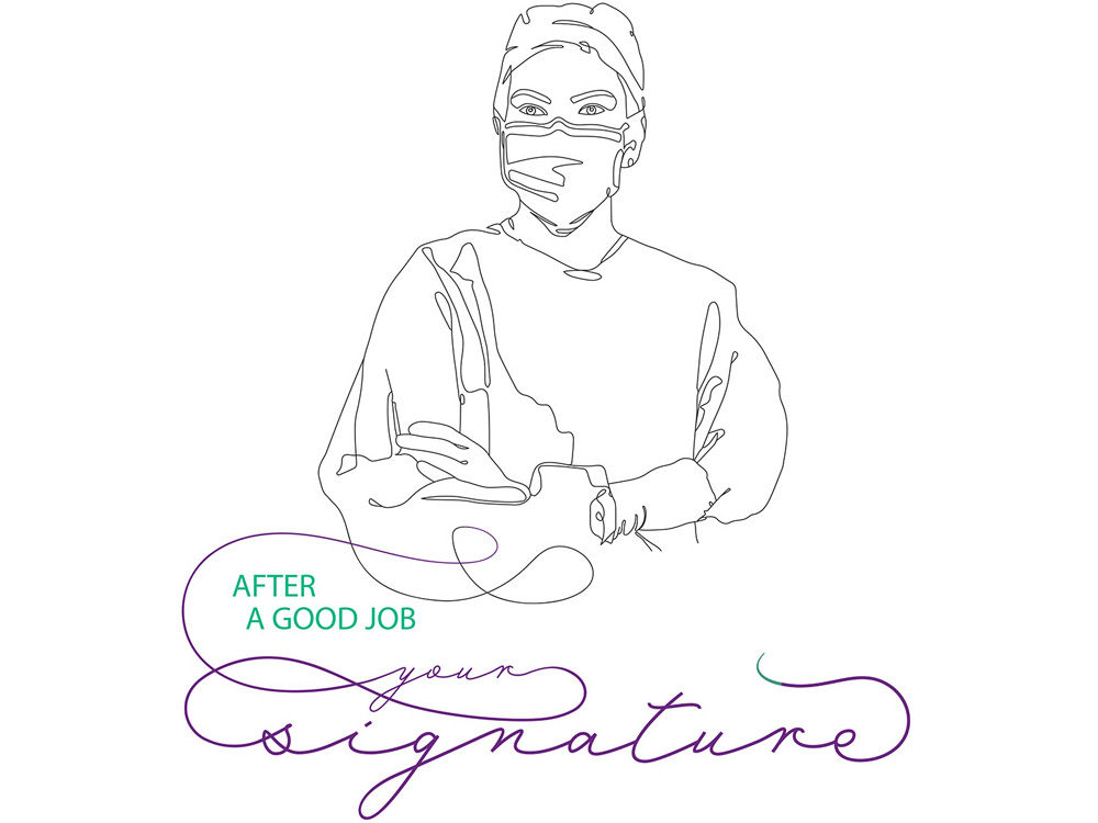 Illustration of a female surgeon with the slogan "After a good job, your signature."