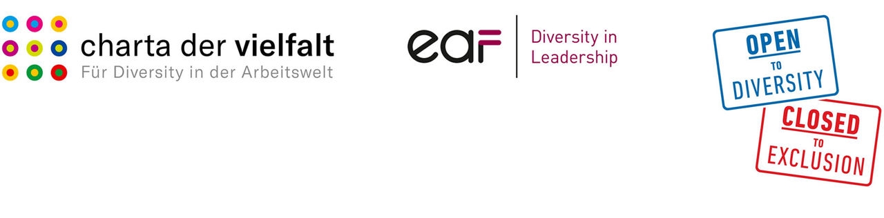 The text “Charter of diversity, for diversity in the working environment” next to the logo with nine points in different colors with different outlines. Right next to it is the logo of the eaf with the text “Diversity in leadership”. On the far right is a blue sign with the phrase “Open to Diversity” and a red sign underneath with the sentence “Closed to Exclusion”. 