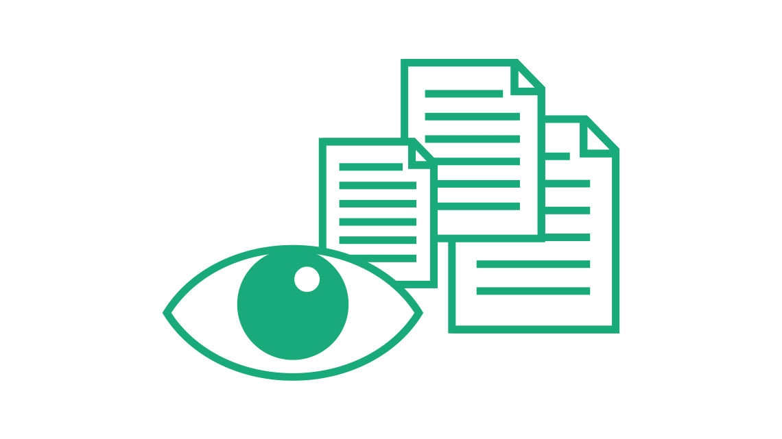 Green eye icon over overlapping documents, symbolizing document visibility and review 