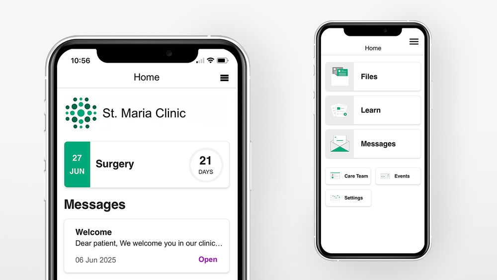 Two smartphone screens display the ForPatientApp interface, showing the home page with medical updates and a menu with various care-related options.