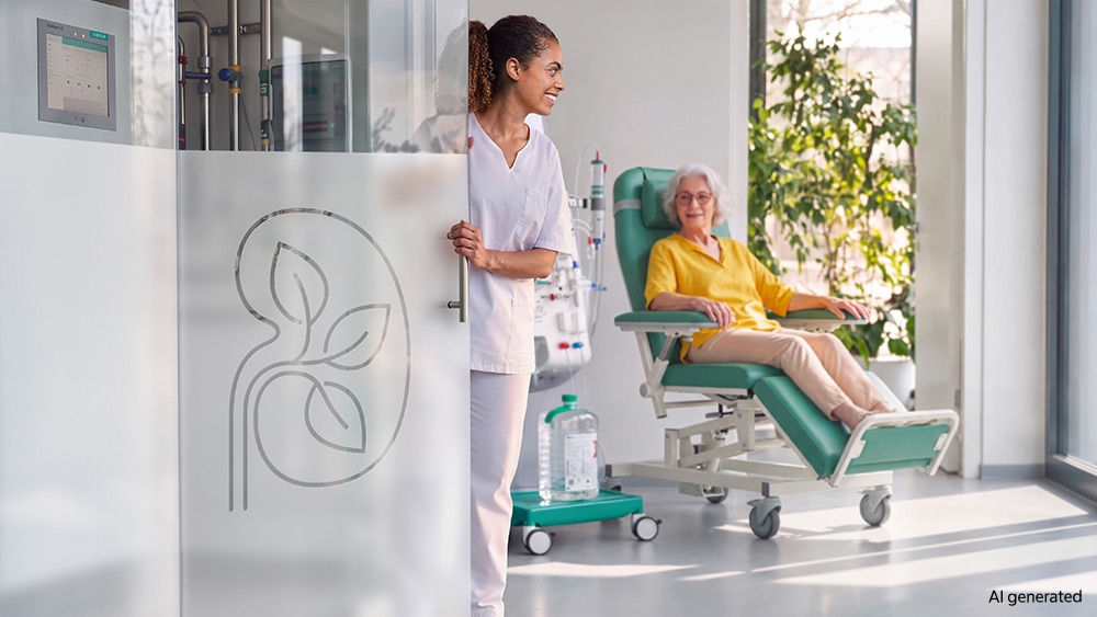Healthcare professional opening the door to a treatment room where a person is seated in a treatment chair in a bright clinical setting.