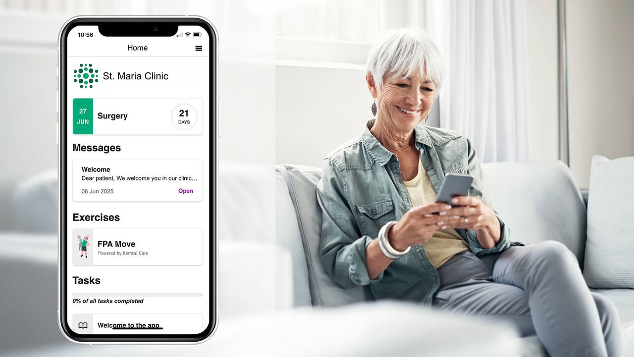 An older woman sits on a sofa using her smartphone. Next to her a screen of the ForPatientApp is shown, displaying sections for surgery, messages, exercises, and tasks.