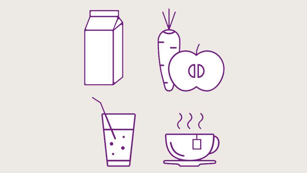 milk, tea, sparkling water, carrot and apple purple illustration