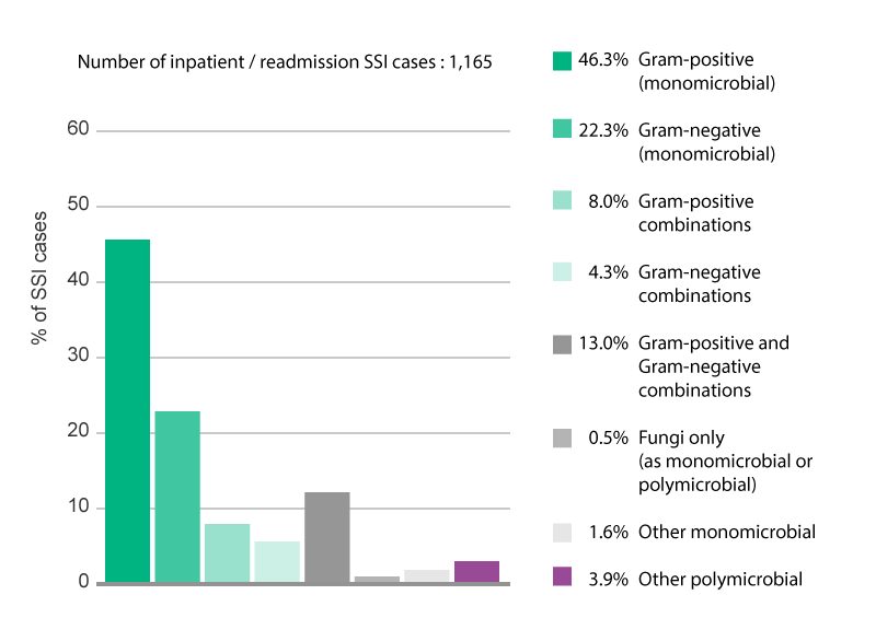 Bar-Chart showing distribution of monomicrobial and polymicrobial SSI cases.