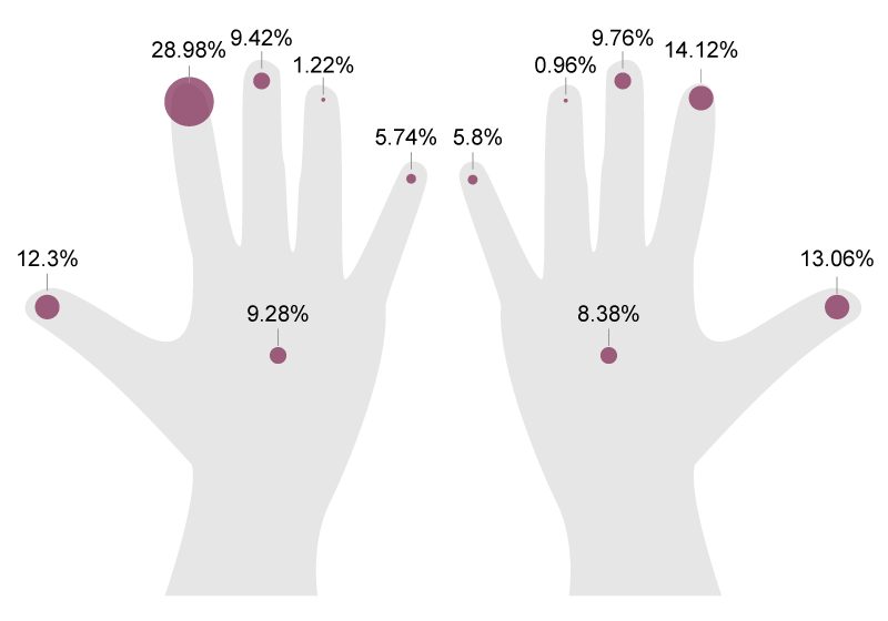 Depiction of average distribution of glove microperforations on the hands of glove wearers (in %)