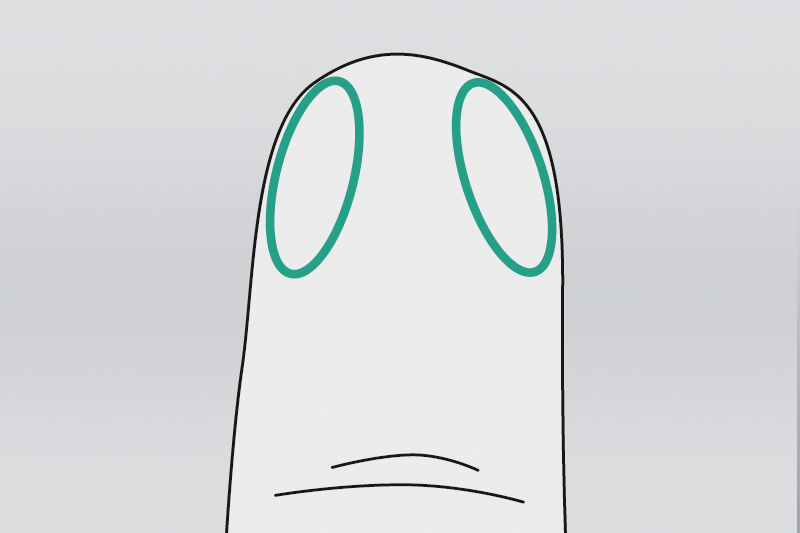 Puncture at the fingertip, slightly off-center as circled in green