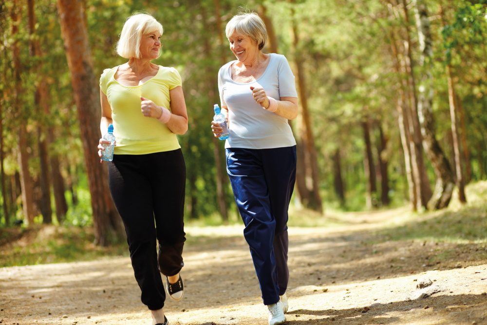 Two elderly women who exercise in the forest