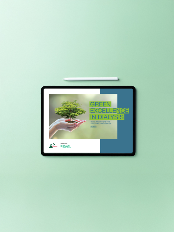A tablet on a light green surface with a white pencil placed above it. The screen of the tablet displays an image of two hands holding a small tree, symbolizing care and growth. The text on the screen reads: "GREEN EXCELLENCE IN DIALYSIS - RECOMMENDATIONS FOR SUSTAINABLE KIDNEY CARE - EXPERT". At the bottom left corner, there are logos for "EDTNA/ERCA" and "Sponsored by B. Braun Avitum".