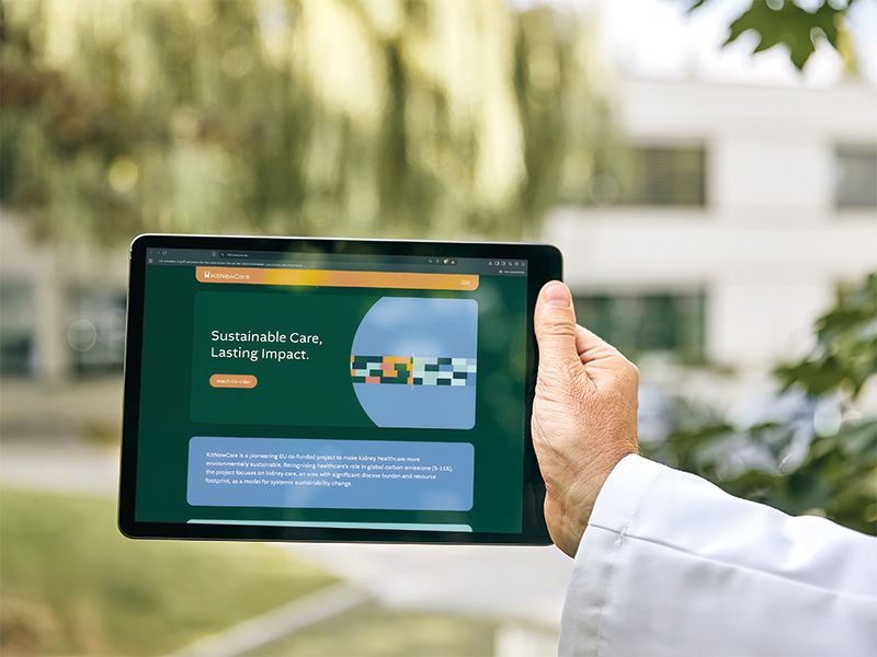 Hand holding a tablet outdoors displaying a webpage with the headline “Sustainable Care, Lasting Impact”, the Kitnewcare Website.