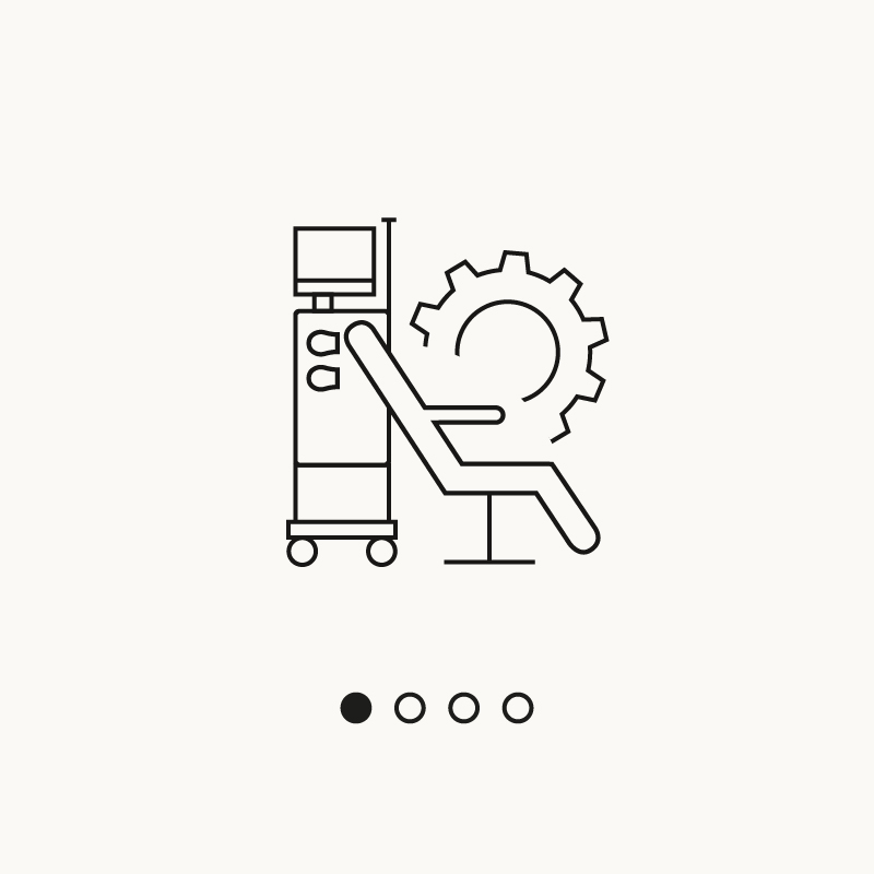  Icon illustrating a dialysis machine and a gear symbol representing process analyszing.