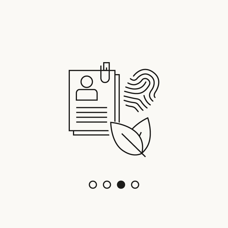  Icon showing a document, a fingerprint, and a leaf symbolizing sustainability and efficiency capabilities.