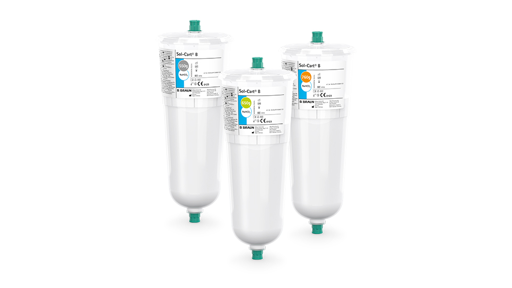 Three bicarbonate cartridges with different fill volumes.