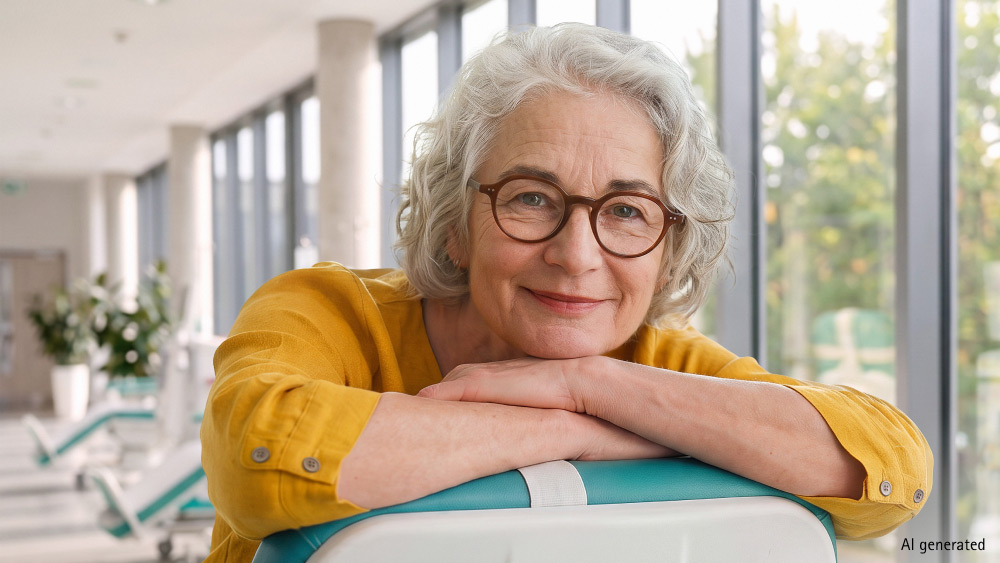 A dialysis patient leaning over a dialysis chair, looking comfortable and relaxed.