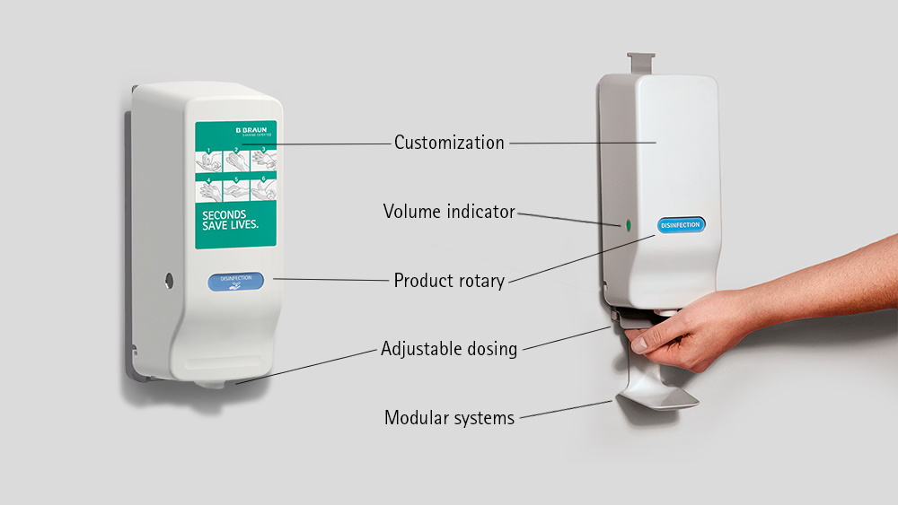Two wall hand hygiene dispensers, automatic and manual