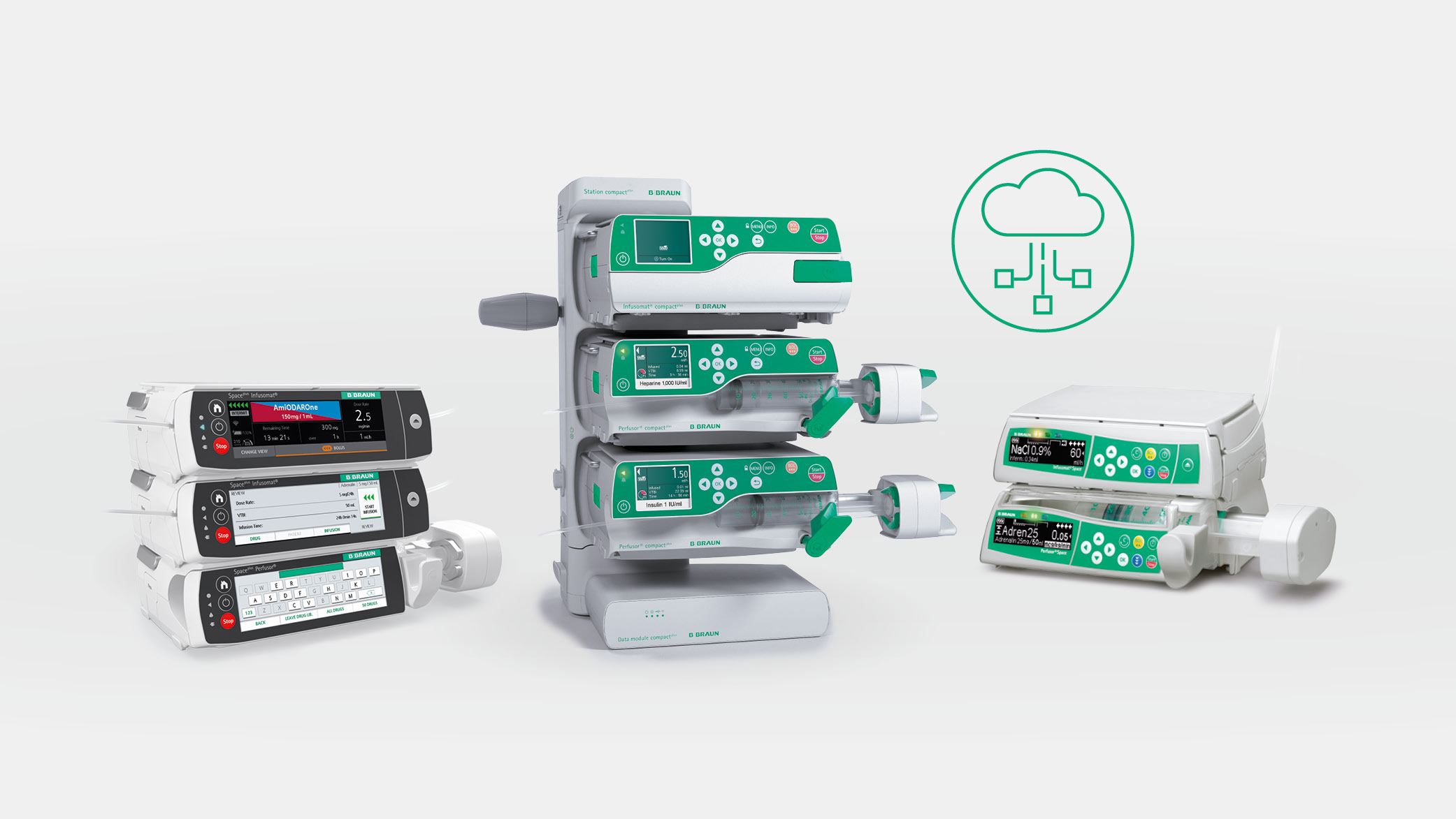 Infusion pump systems and syringe pumps with connected device management capability displayed on a light background.