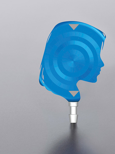 Blue material shaped into the form of a female head