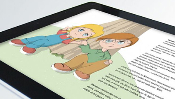 An e-book displaying graphic characters on the screen