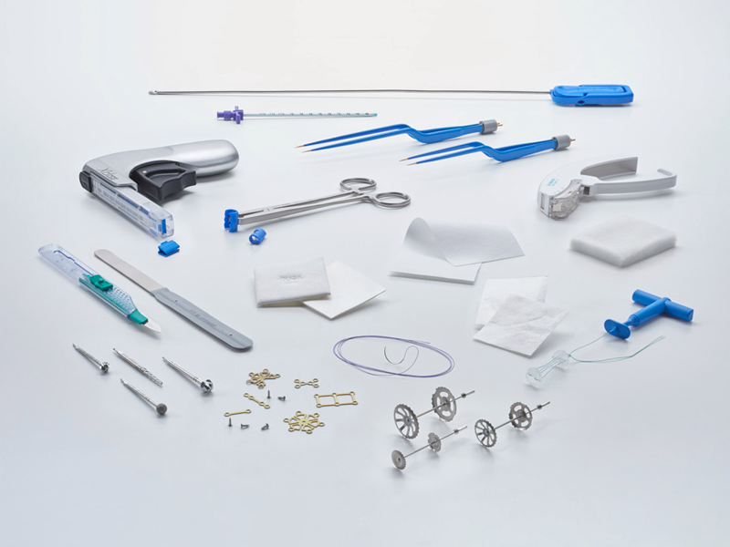 Surgical instruments laid out on a table