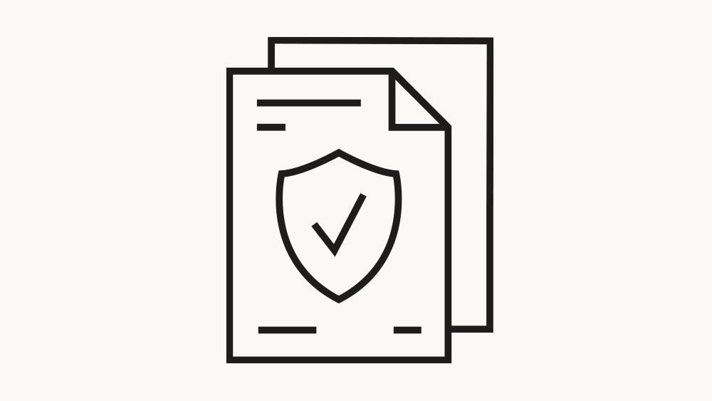 Icon representing secure documents, with a shield and checkmark on the front page