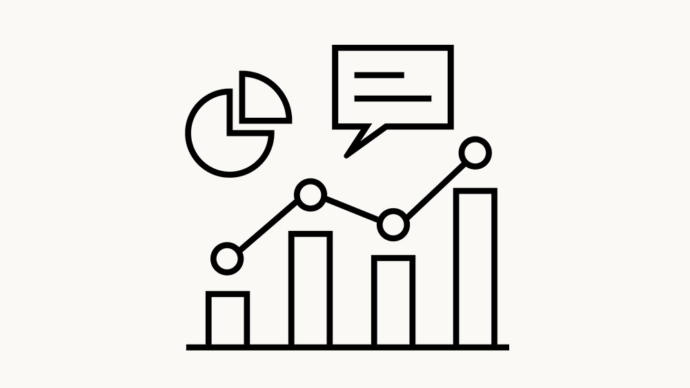 Icon depicting a bar chart, pie chart, and speech bubble, which together indicate data analysis and statistics.