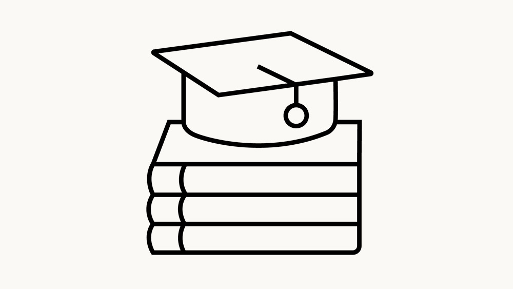 Icon showing a graduation cap placed on top of three stacked books, representing education. 