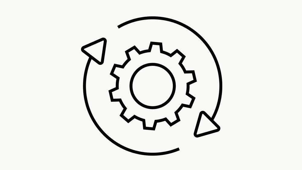 Icon showing a gear with two arrows forming a circular motion around it, indicating streamlined processes