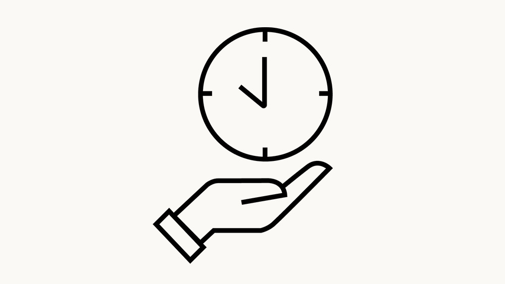 Icon with line drawing showing a hand holding a clock, indicating time management