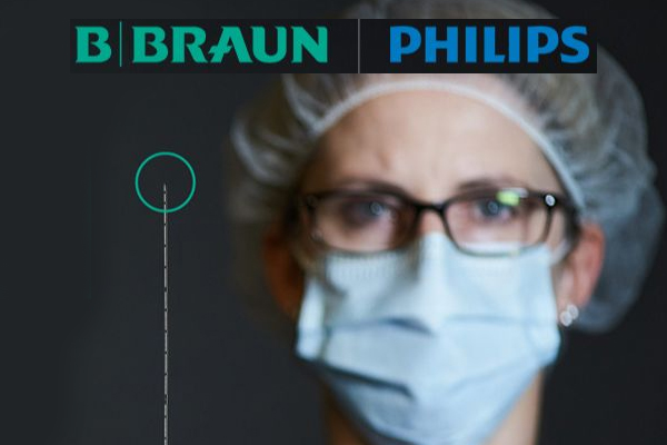 The B Braun and Philips logos with a healthcare professional dressed in a mask in the background.
