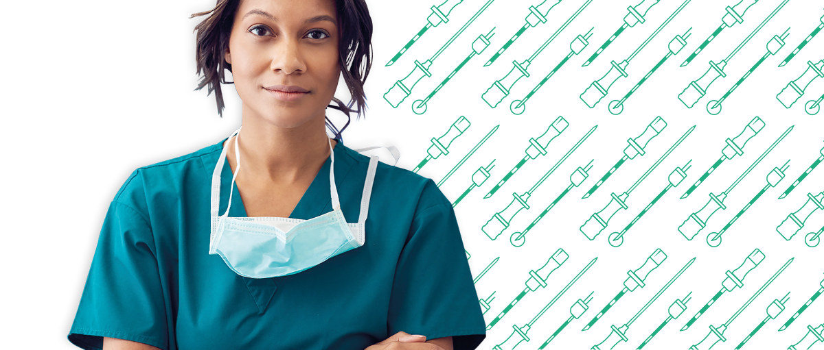 A portrait of a female healthcare professional smiling, having taken off her mask