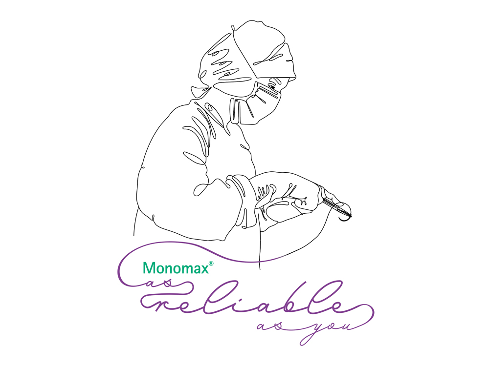 A line drawing of a female surgeon holding a suture with a needle clamp.  The suture forms the claim “Monomax for abdominal wall closure – as reliable as you” below the drawing.