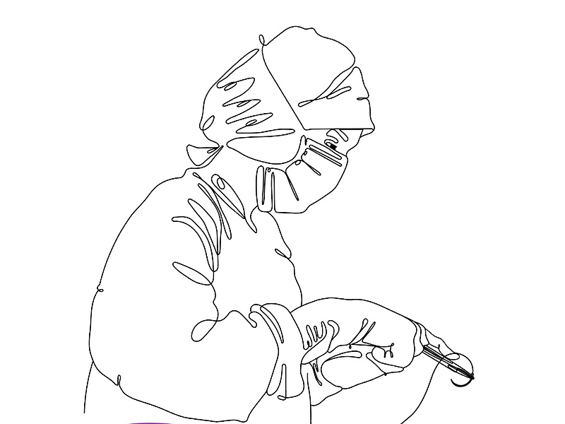 A line illustration of a female surgeon with a face mask standing sidewards holding a surgical suture on a needle holder
