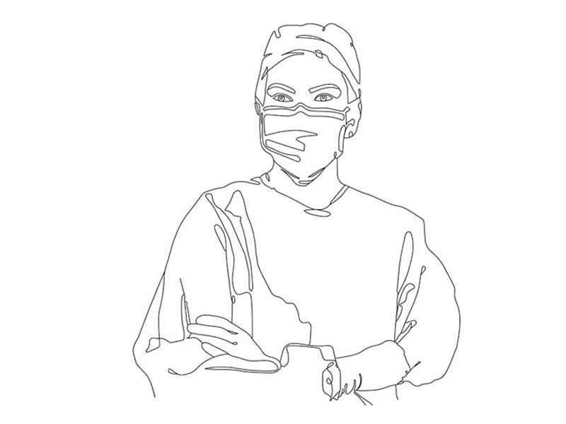 A line illustration of a female surgeon with a face mask standing confidently with arms crossed watching into the camera