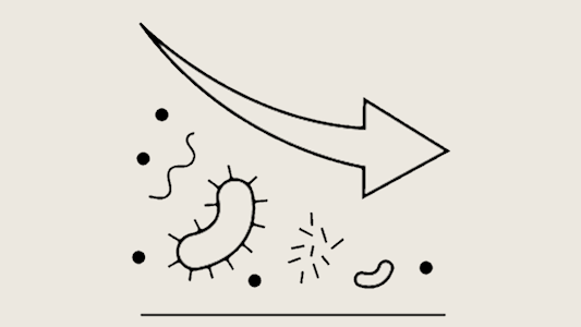  Icon depicting various microbes alongside a downward- pointing arrow, indicating a reduction in bacterial load.