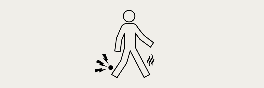 Illustration of a person walking, with pain indicators shown near the left foot and heat lines near the right leg. The graphic represents the reduction of pain and discomfort during movement, indicating that symptoms are improving 